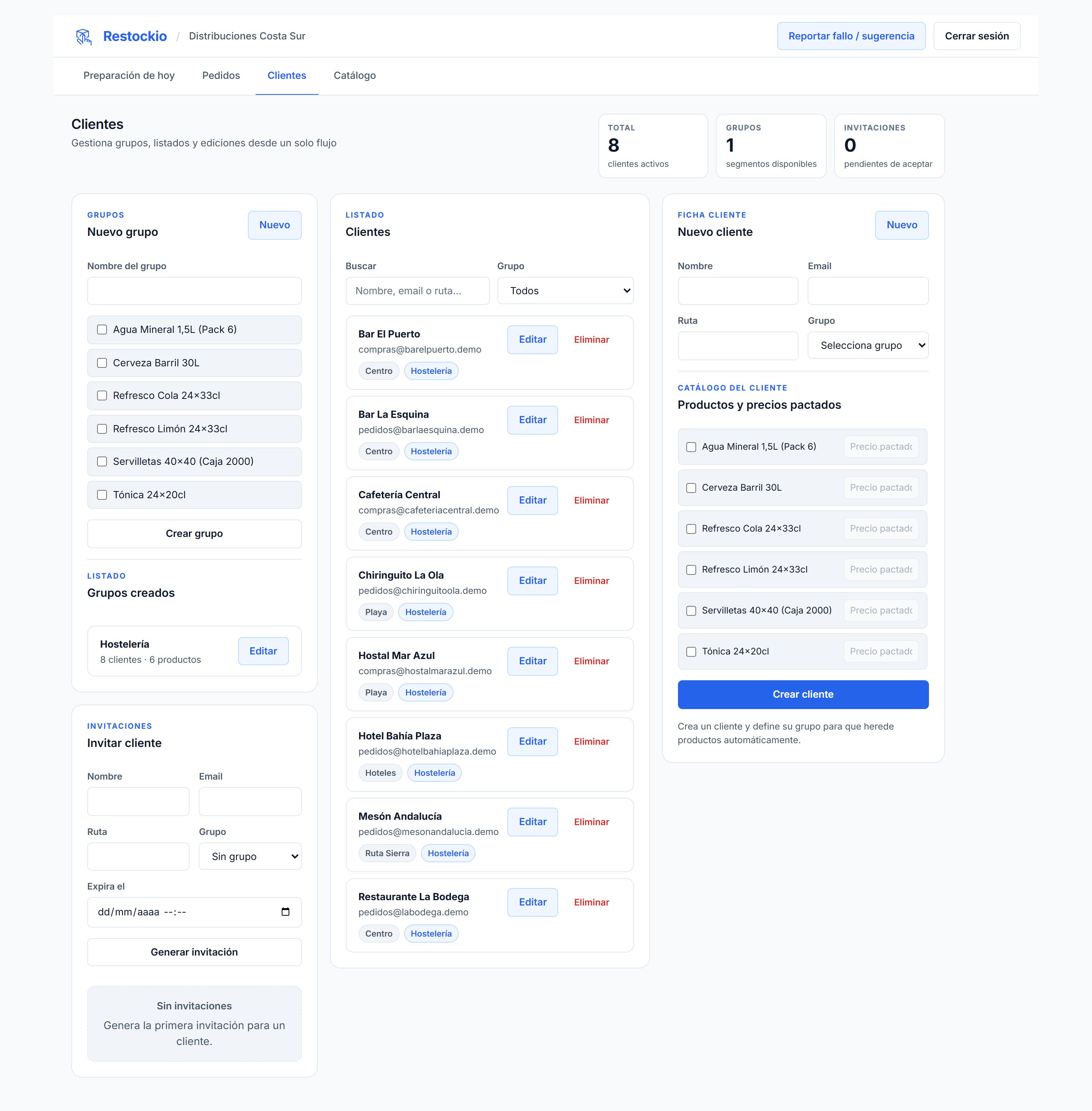 Vista de gestión de clientes con grupos, listados y fichas